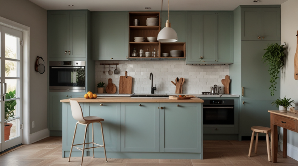 Kitchen with greenish cabinets and creative storage solutions
