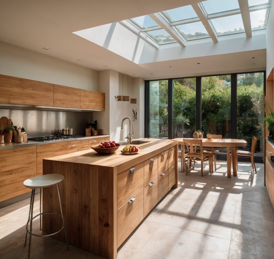 Kitchen with open roof and floor with natural stone
